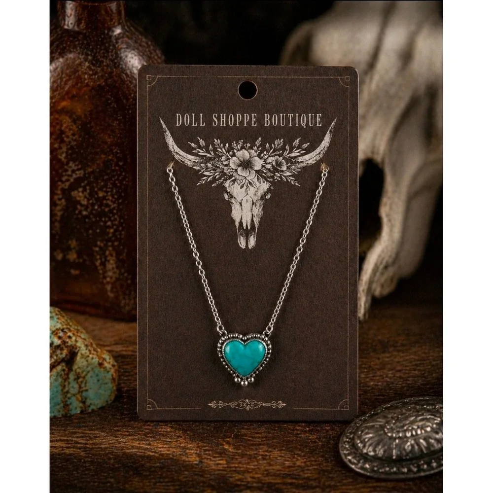 Western Turquoise Heart Necklace – Silver Toned Chain